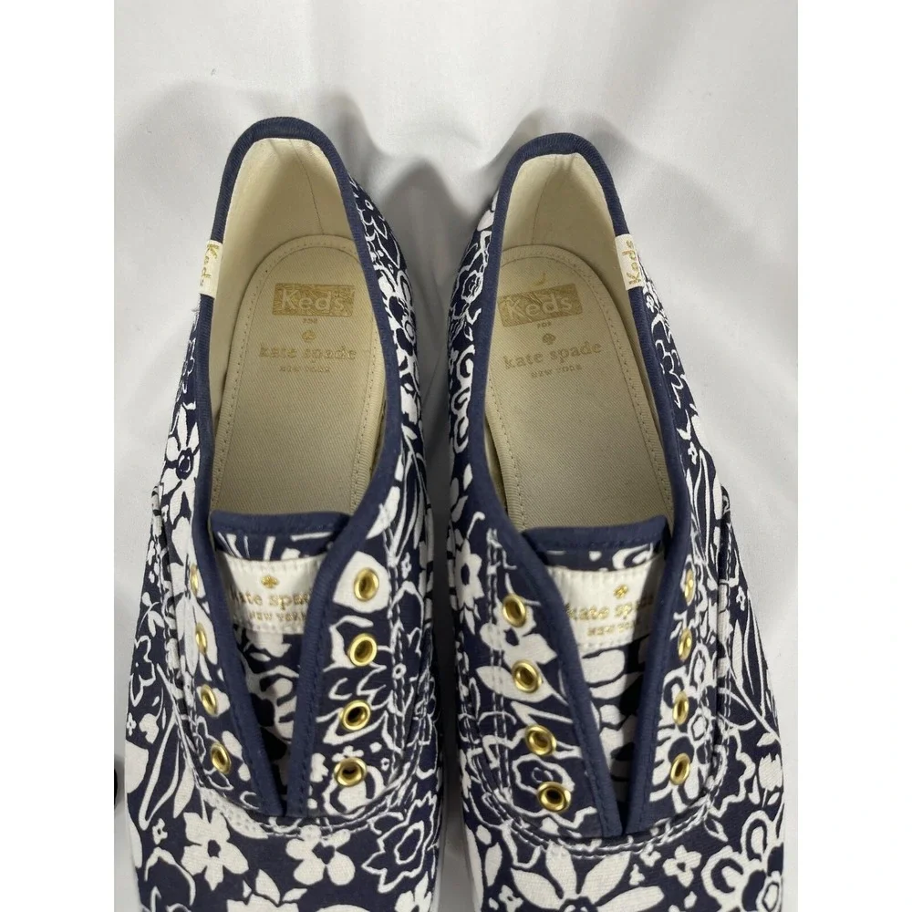 Kate Spade Women's SZ 8.5 Keds White Floral Navy Slip On Spring Summer Casual